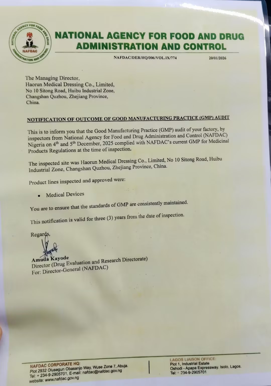 Sản phẩm y tế Haorun chính thức nhận được chứng nhận đăng ký NAFDAC tại Nigeria